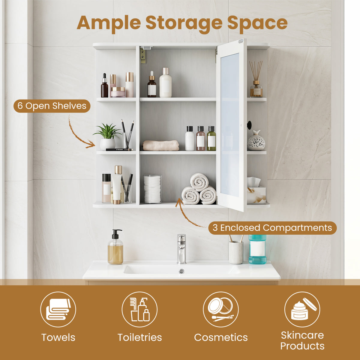 Wall Mounted Bathroom Medicine Cabinet with Mirror and Shelves-White