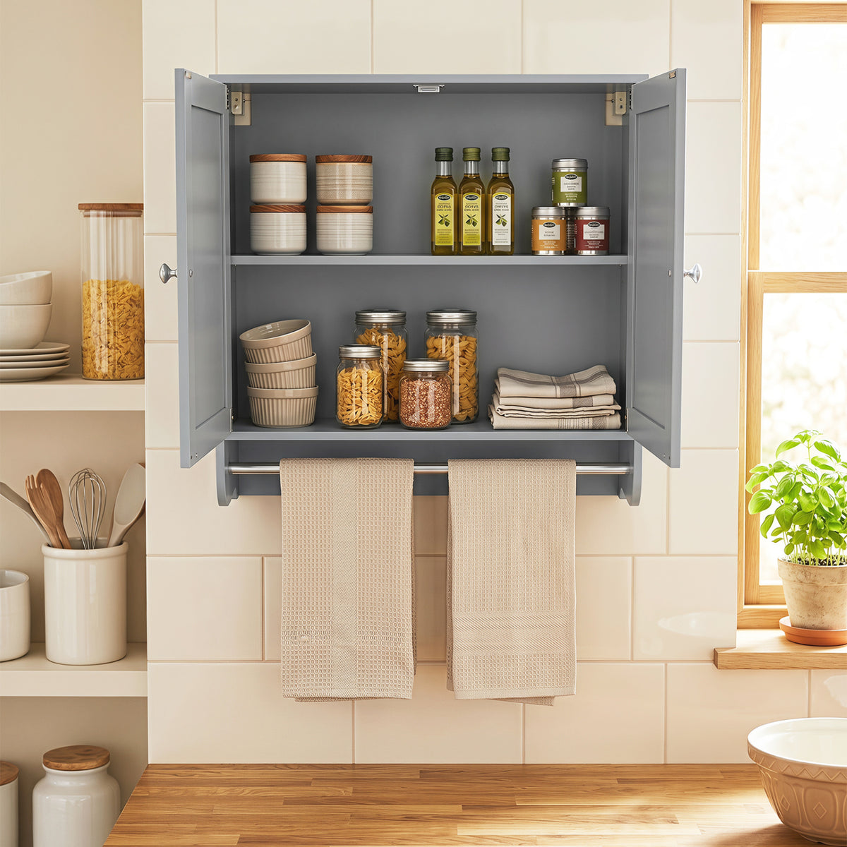 Wall Mounted Bathroom Storage Medicine Cabinet with Towel Bar-Gray