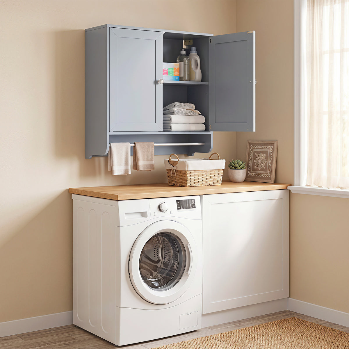 Wall Mounted Bathroom Storage Medicine Cabinet with Towel Bar-Gray