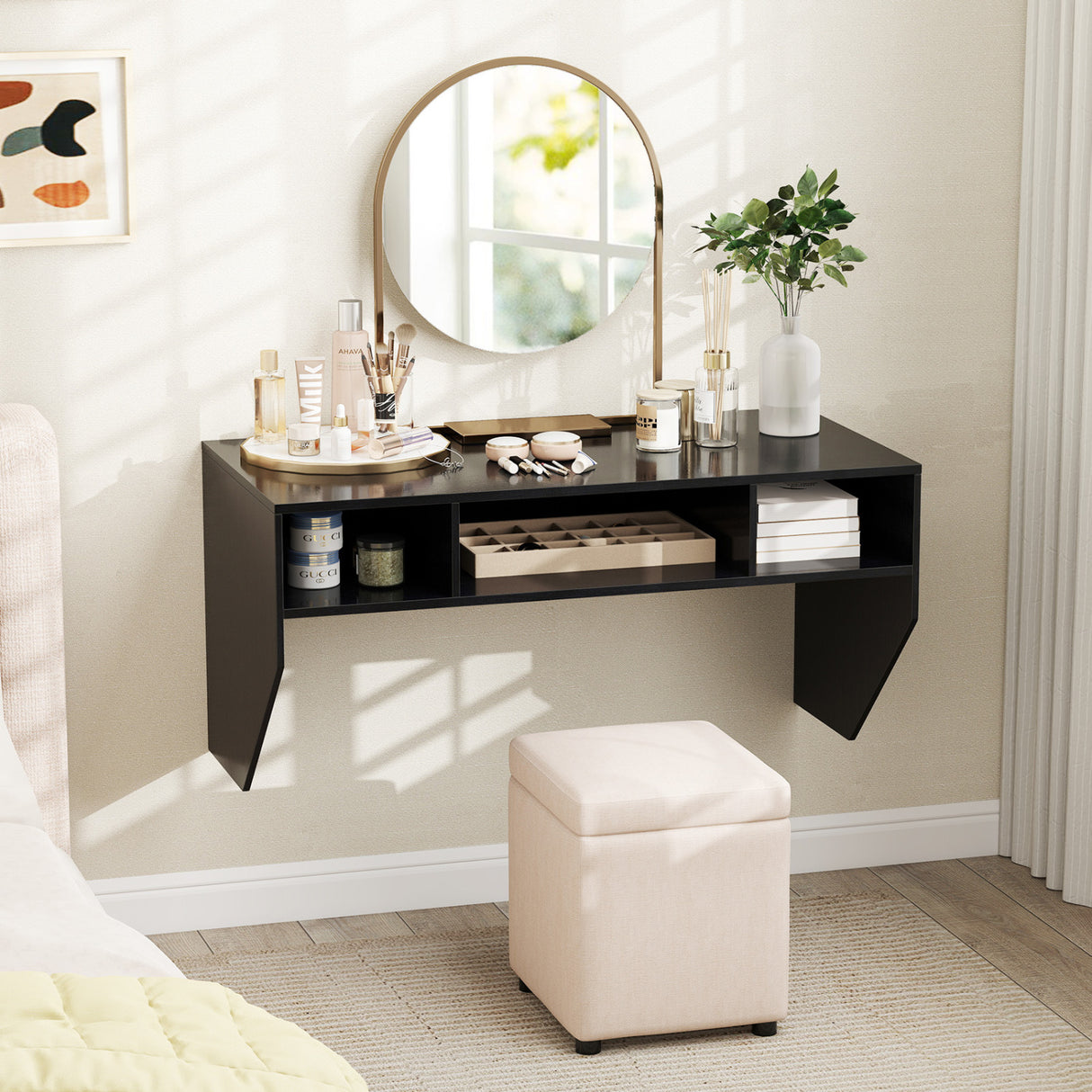 Wall-Mounted Computer Desk Floating Laptop Desk with 3 Storage Compartments-Black