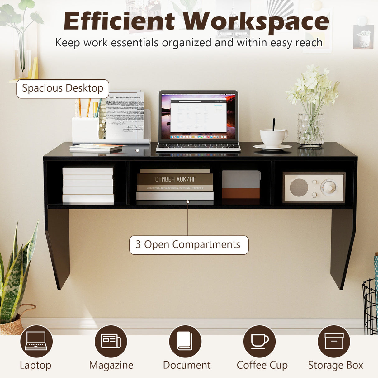 Wall-Mounted Computer Desk Floating Laptop Desk with 3 Storage Compartments-Black