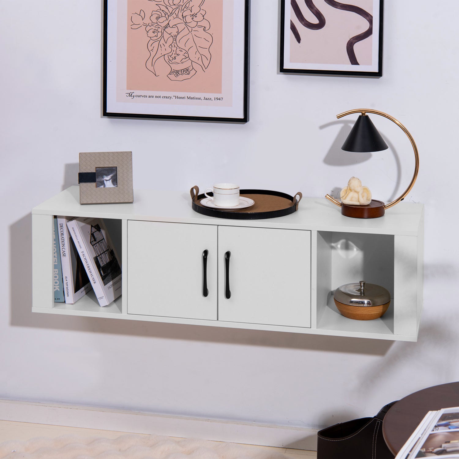 Wall Mounted Floating 2 Door Desk Hutch Storage Shelves-White