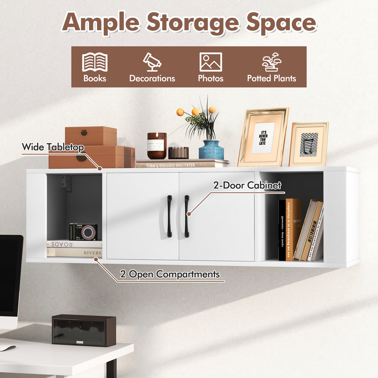 Wall Mounted Floating 2 Door Desk Hutch Storage Shelves-White