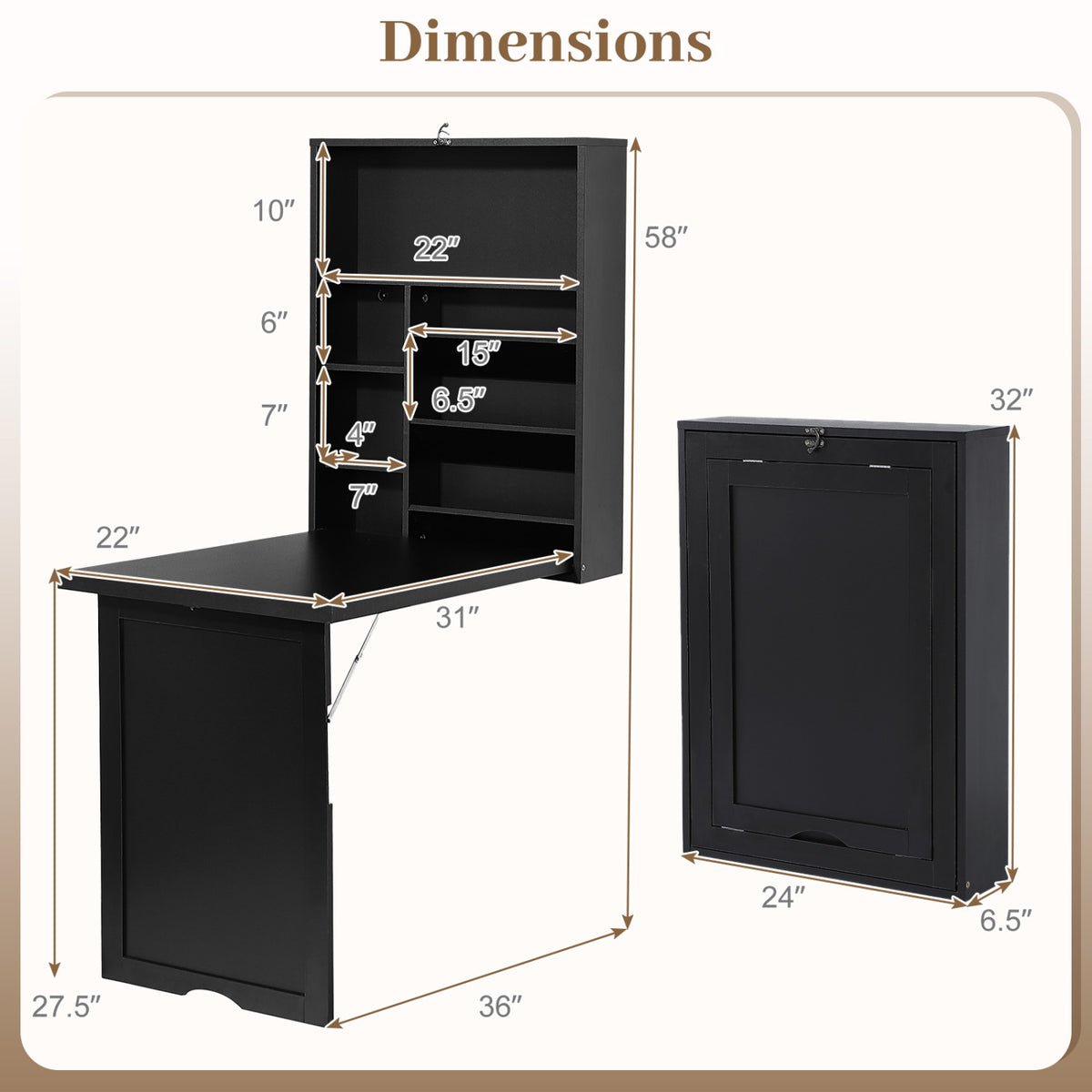 Wall Mounted Fold-Out Convertible Floating Desk Space Saver-Black