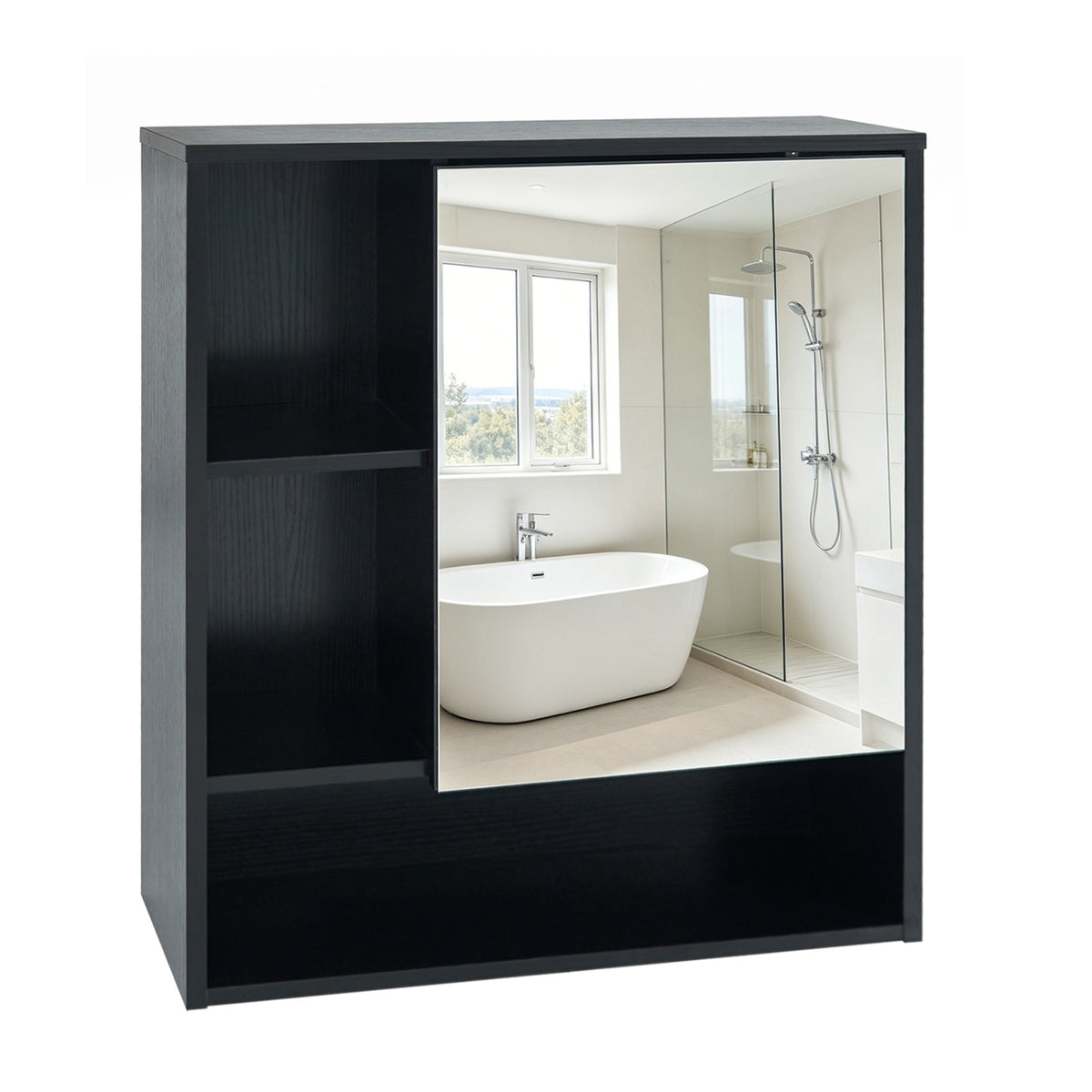 Wall-Mounted Mirror Cabinet with 2 Hidden Shelves and 3 Open Compartments-Black