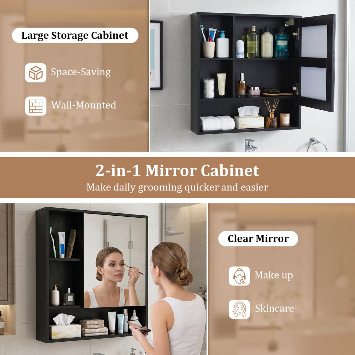 Wall-Mounted Mirror Cabinet with 2 Hidden Shelves and 3 Open Compartments-Black