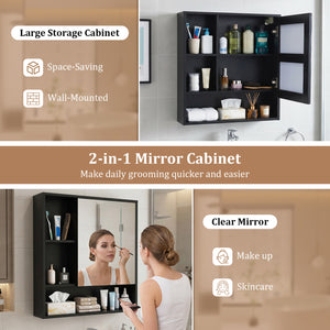 Wall-Mounted Mirror Cabinet with 2 Hidden Shelves and 3 Open Compartments-Black