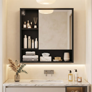 Wall-Mounted Mirror Cabinet with 2 Hidden Shelves and 3 Open Compartments-Black