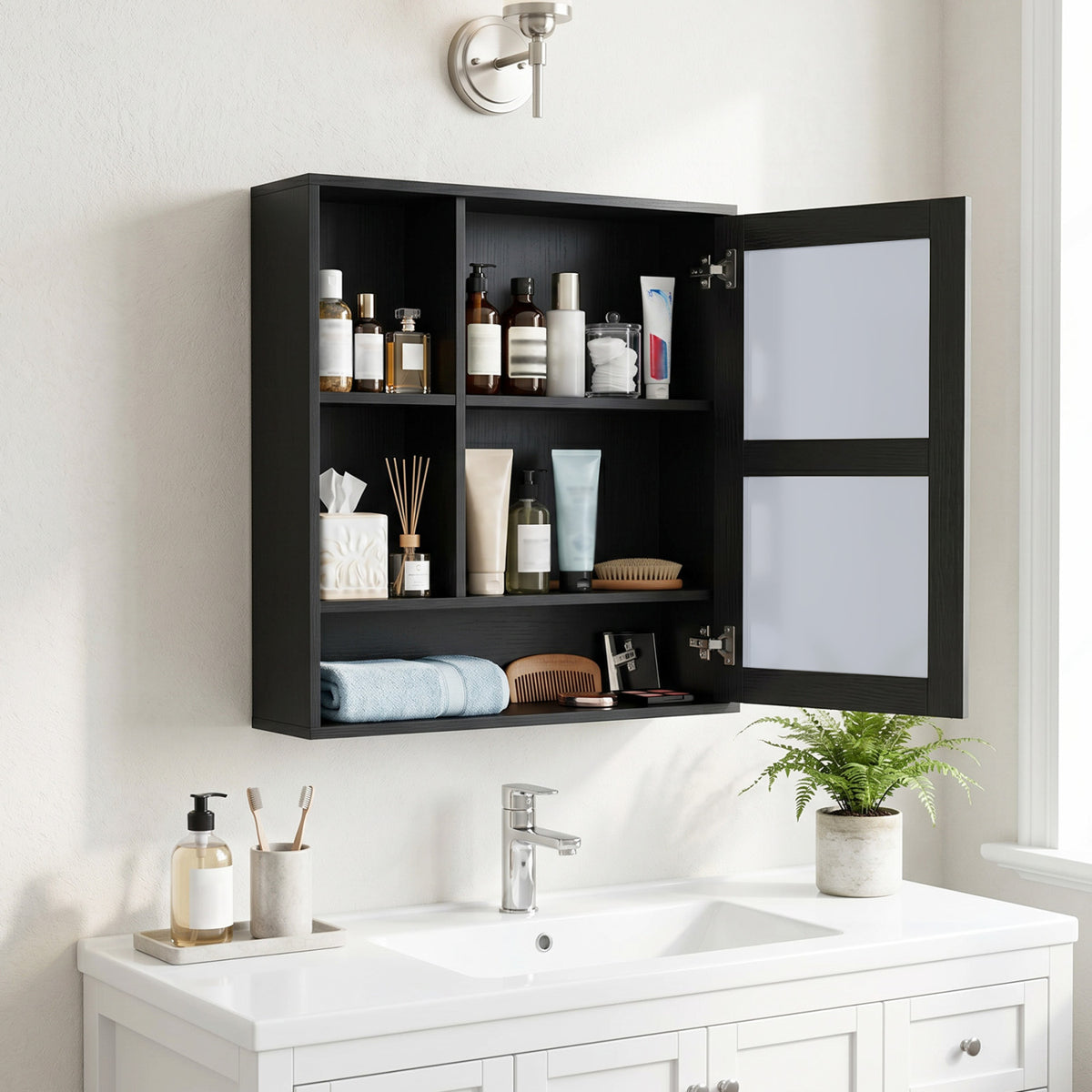 Wall-Mounted Mirror Cabinet with 2 Hidden Shelves and 3 Open Compartments-Black