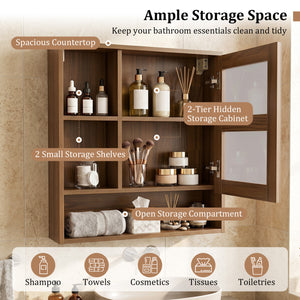 Wall-Mounted Mirror Cabinet with 2 Hidden Shelves and 3 Open Compartments-Walnut