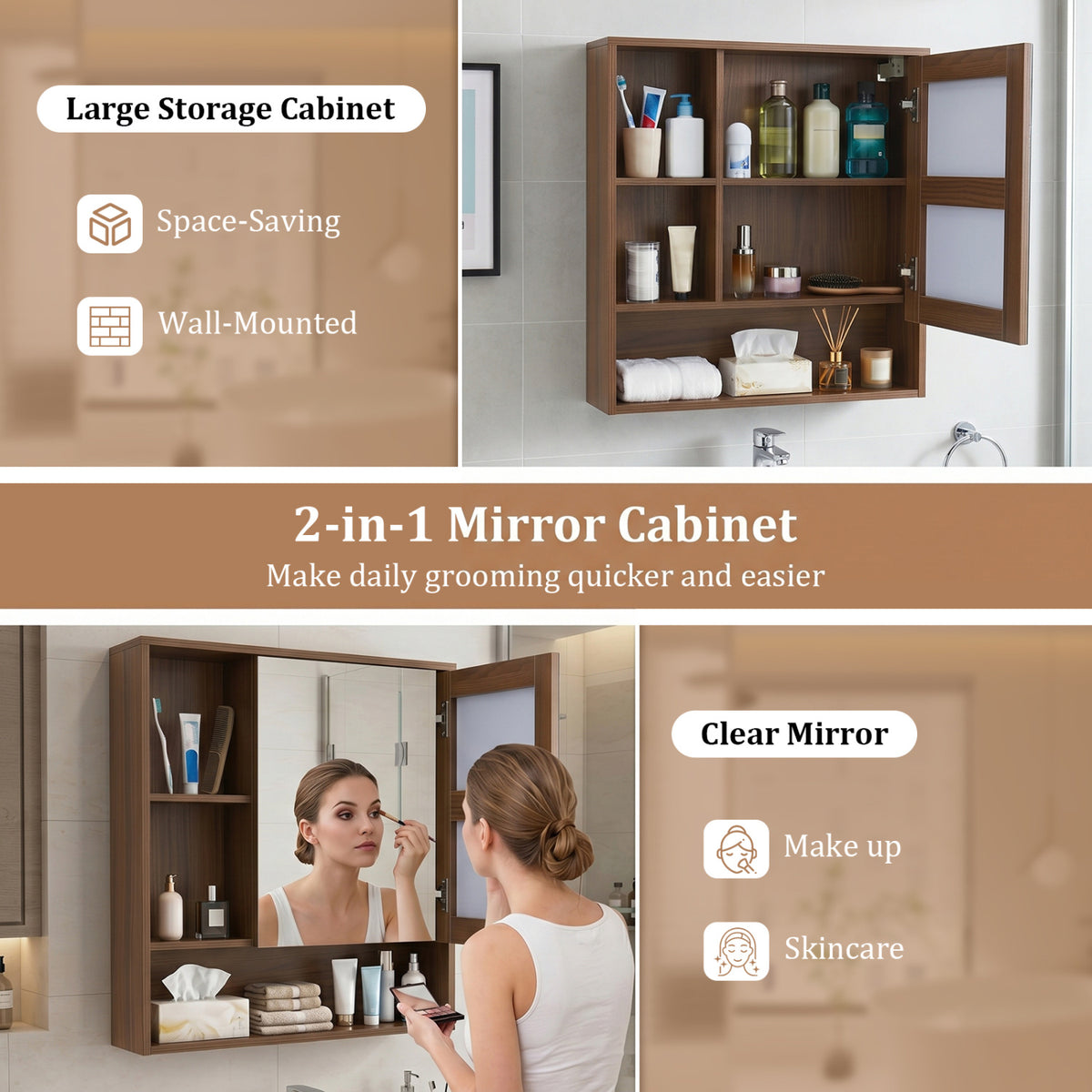 Wall-Mounted Mirror Cabinet with 2 Hidden Shelves and 3 Open Compartments-Walnut