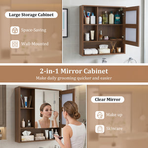 Wall-Mounted Mirror Cabinet with 2 Hidden Shelves and 3 Open Compartments-Walnut