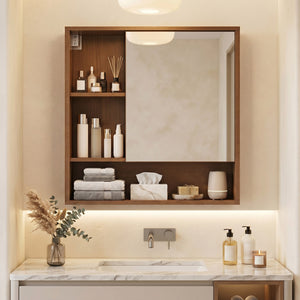 Wall-Mounted Mirror Cabinet with 2 Hidden Shelves and 3 Open Compartments-Walnut