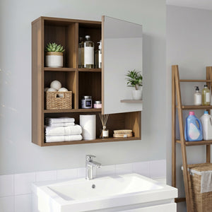 Wall-Mounted Mirror Cabinet with 2 Hidden Shelves and 3 Open Compartments-Walnut