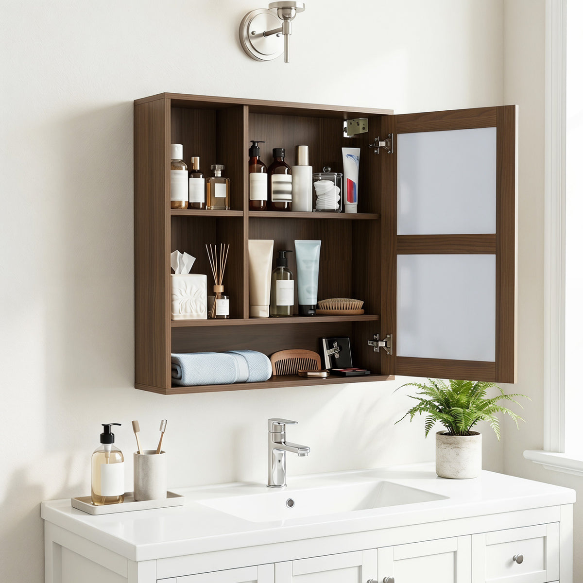 Wall-Mounted Mirror Cabinet with 2 Hidden Shelves and 3 Open Compartments-Walnut