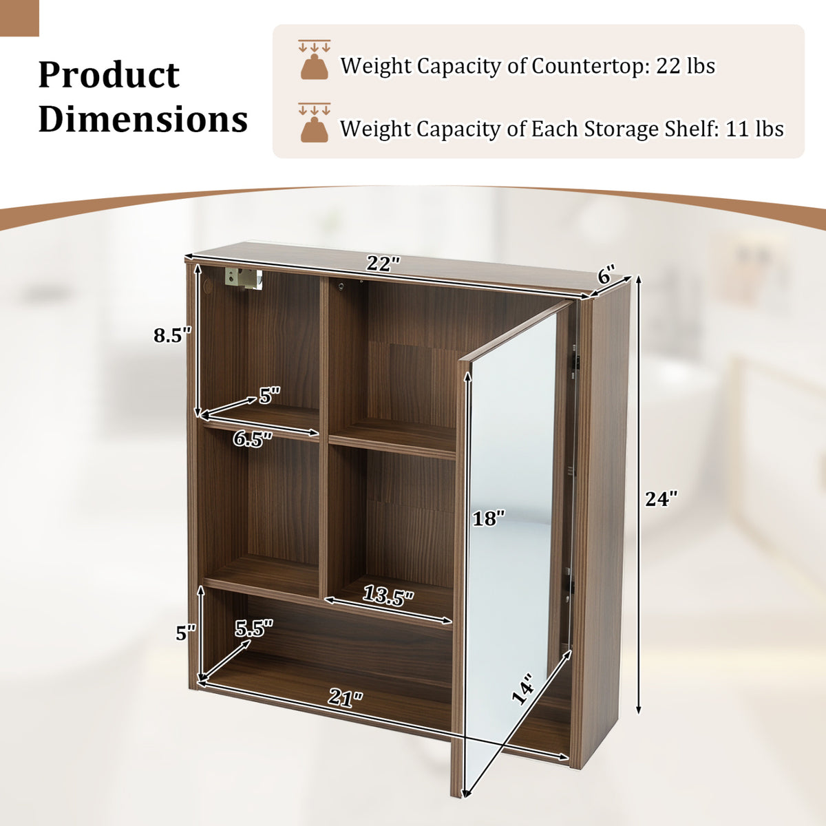 Wall-Mounted Mirror Cabinet with 2 Hidden Shelves and 3 Open Compartments-Walnut