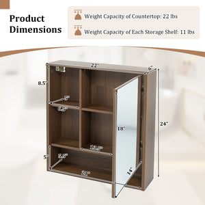 Wall-Mounted Mirror Cabinet with 2 Hidden Shelves and 3 Open Compartments-Walnut