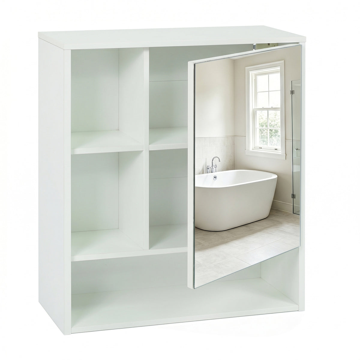 Wall-Mounted Mirror Cabinet with 2 Hidden Shelves and 3 Open Compartments-White