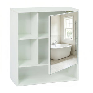 Wall-Mounted Mirror Cabinet with 2 Hidden Shelves and 3 Open Compartments-White