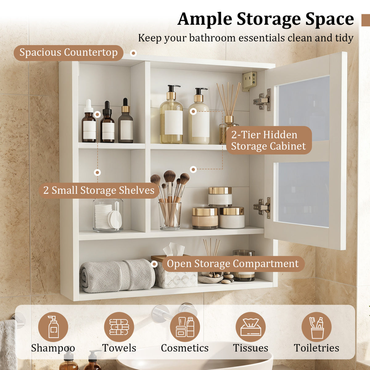Wall-Mounted Mirror Cabinet with 2 Hidden Shelves and 3 Open Compartments-White