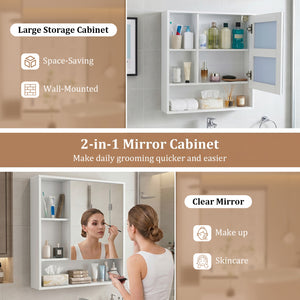 Wall-Mounted Mirror Cabinet with 2 Hidden Shelves and 3 Open Compartments-White