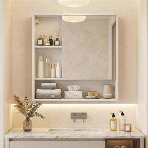 Wall-Mounted Mirror Cabinet with 2 Hidden Shelves and 3 Open Compartments-White