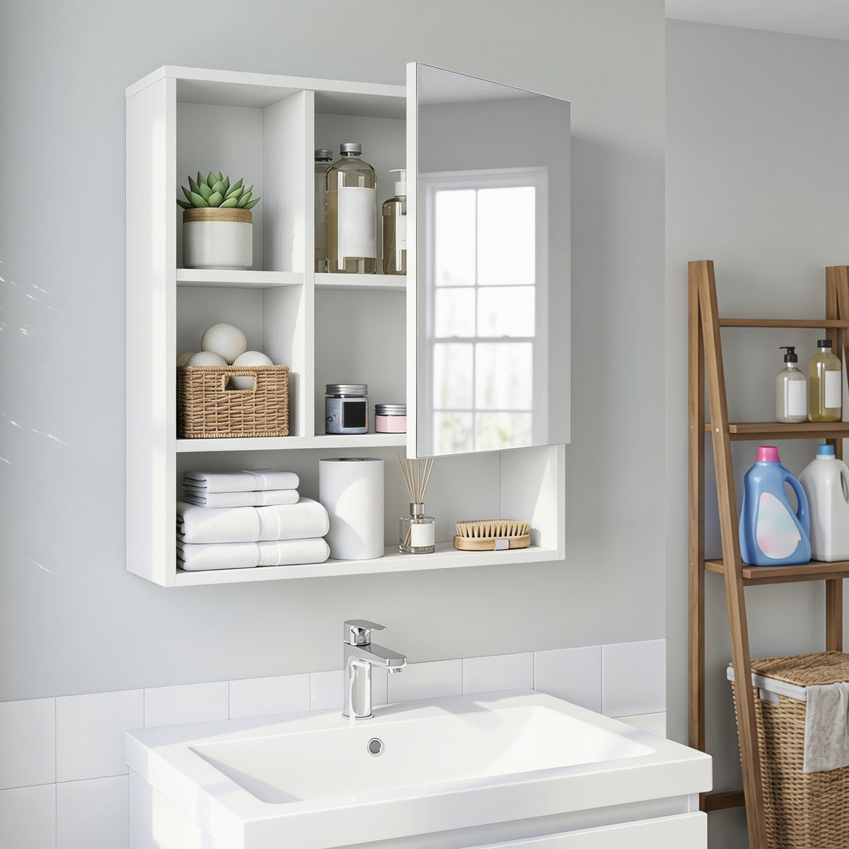 Wall-Mounted Mirror Cabinet with 2 Hidden Shelves and 3 Open Compartments-White