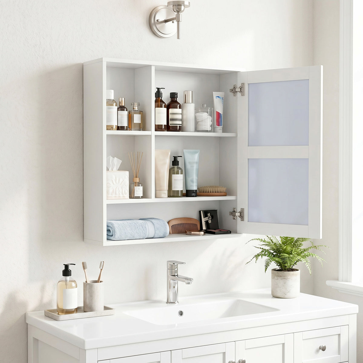 Wall-Mounted Mirror Cabinet with 2 Hidden Shelves and 3 Open Compartments-White