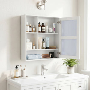 Wall-Mounted Mirror Cabinet with 2 Hidden Shelves and 3 Open Compartments-White