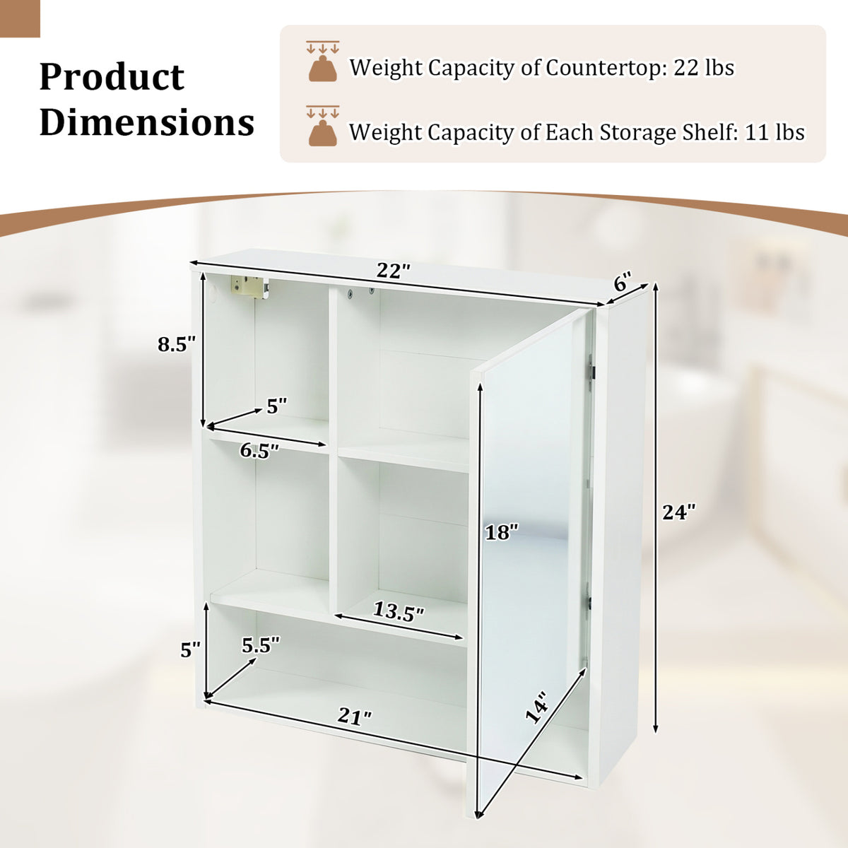 Wall-Mounted Mirror Cabinet with 2 Hidden Shelves and 3 Open Compartments-White