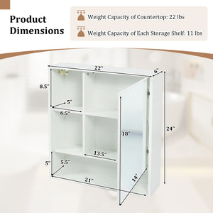 Wall-Mounted Mirror Cabinet with 2 Hidden Shelves and 3 Open Compartments-White