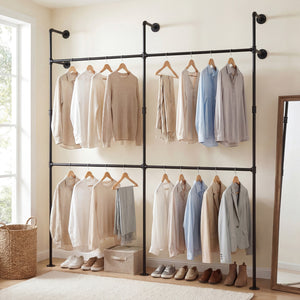 Wall Mounted Pipe Clothing Rack with 4 Hanging Rods-Black