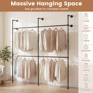 Wall Mounted Pipe Clothing Rack with 4 Hanging Rods-Black