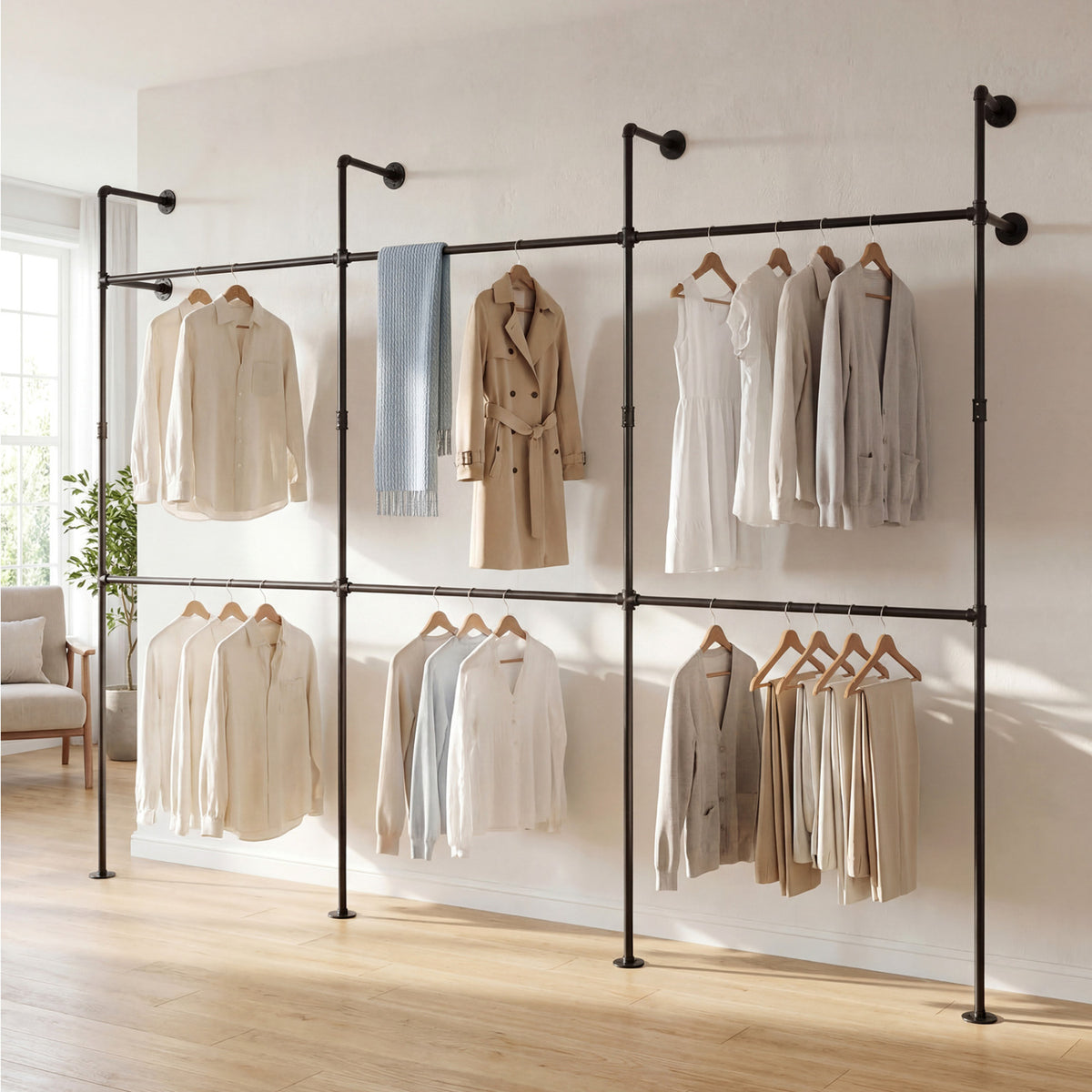 Wall Mounted Pipe Clothing Rack with 6 Hanging Rods-Black