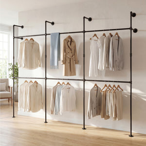Wall Mounted Pipe Clothing Rack with 6 Hanging Rods-Black
