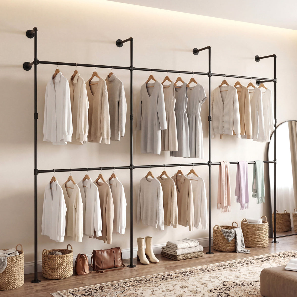 Wall Mounted Pipe Clothing Rack with 6 Hanging Rods-Black