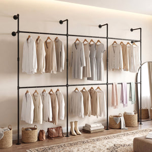 Wall Mounted Pipe Clothing Rack with 6 Hanging Rods-Black