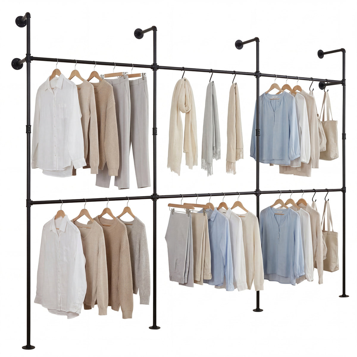Wall Mounted Pipe Clothing Rack with 6 Hanging Rods-Black