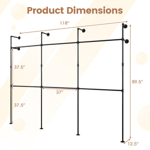 Wall Mounted Pipe Clothing Rack with 6 Hanging Rods-Black