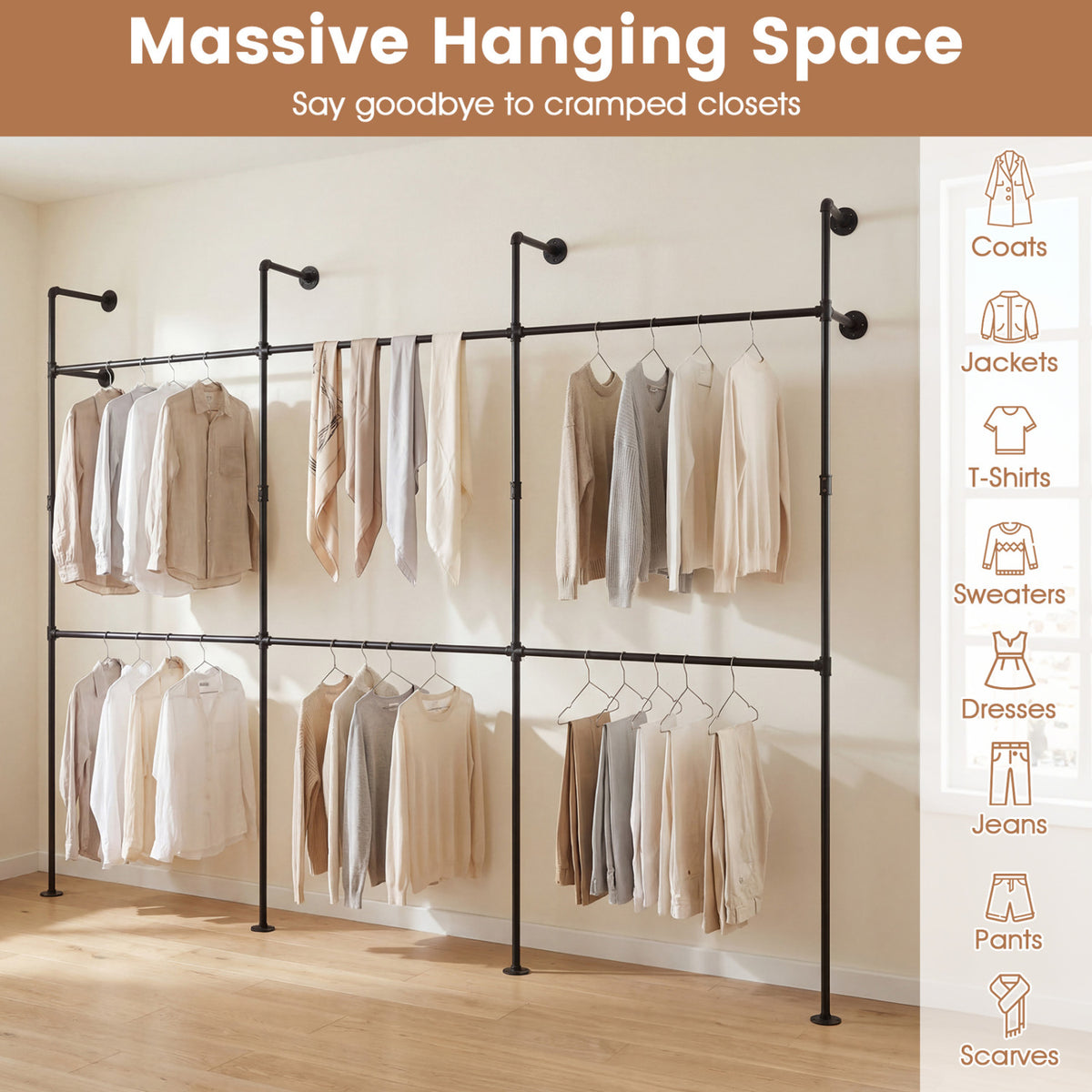 Wall Mounted Pipe Clothing Rack with 6 Hanging Rods-Black
