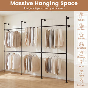 Wall Mounted Pipe Clothing Rack with 6 Hanging Rods-Black