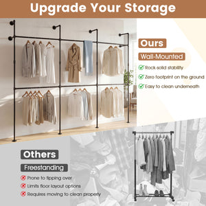 Wall Mounted Pipe Clothing Rack with 6 Hanging Rods-Black