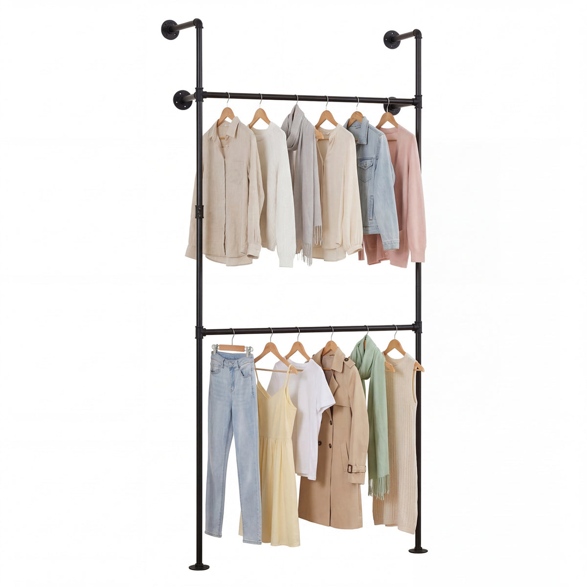 Wall Mounted Pipe Clothing Rack with 2 Hanging Rods-Black