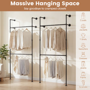Wall Mounted Pipe Clothing Rack with 2 Hanging Rods-Black