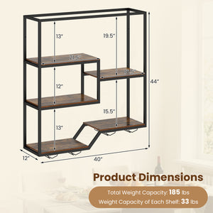 Wall Mounted Wine Rack 6-Tier Hanging Bar Shelf with Bottle Display Shelf and Glass Holder-Rustic Brown