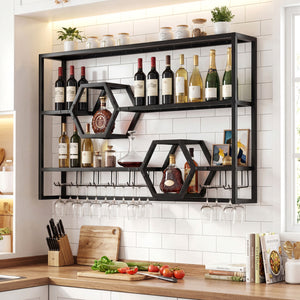 Wall Mounted Wine Rack 47" Large Floating Bar Shelves-Black