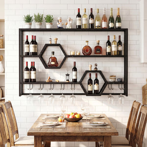 Wall Mounted Wine Rack 47" Large Floating Bar Shelves-Black