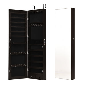 Wall and Door Mounted Mirrored Jewelry Cabinet with Lights-Brown