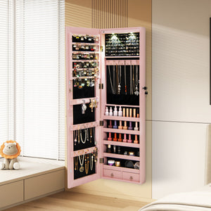 Wall and Door Mounted Mirrored Jewelry Cabinet with Lights-Pink