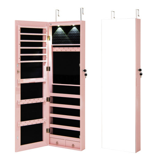 Wall and Door Mounted Mirrored Jewelry Cabinet with Lights-Pink
